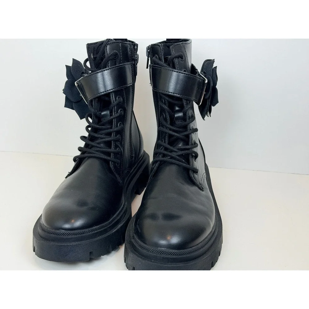 Girls Black Combat Boots Floral Ankle Strap Lace Up Side Zip Lug Sole Size 38 EU